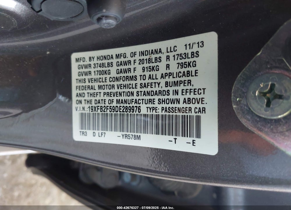 2013 HONDA CIVIC VIN: 19XFB2F59DE289976