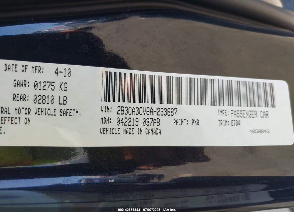 2010 DODGE CHARGER SXT VIN: 2B3CA3CV6AH233687