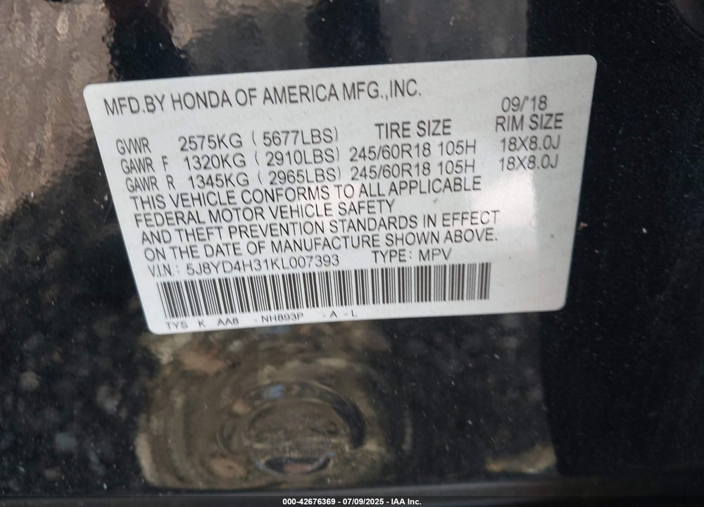 2019 ACURA MDX VIN: 5J8YD4H31KL007393