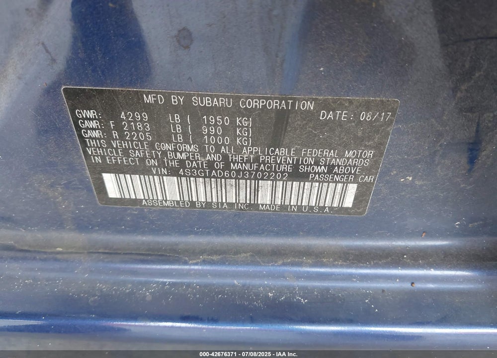 2018 SUBARU IMPREZA VIN: 4S3GTAD60J3702202