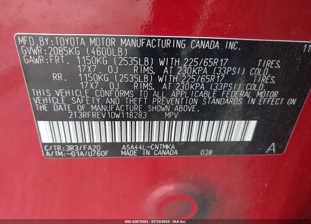 2013 TOYOTA RAV4 VIN: 2T3RFREV1DW118283