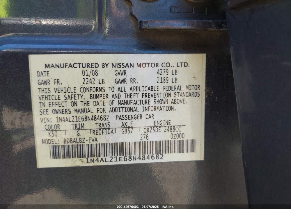 2008 NISSAN ALTIMA VIN: 1N4AL21E68N484682