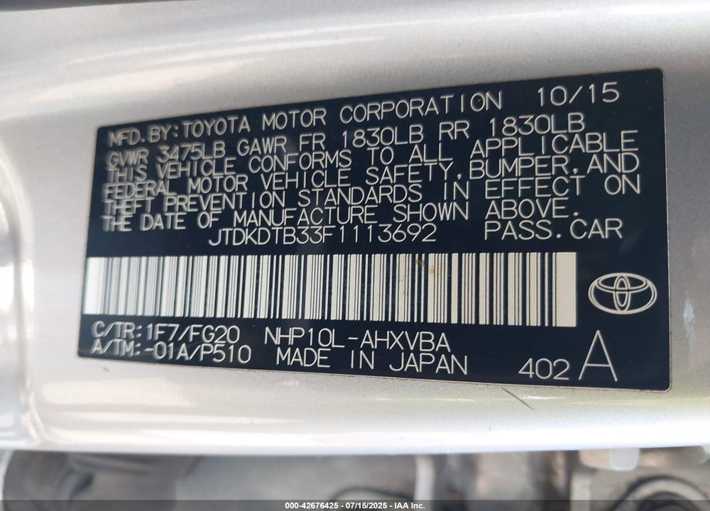 2015 TOYOTA PRIUS C VIN: JTDKDTB33F1113692