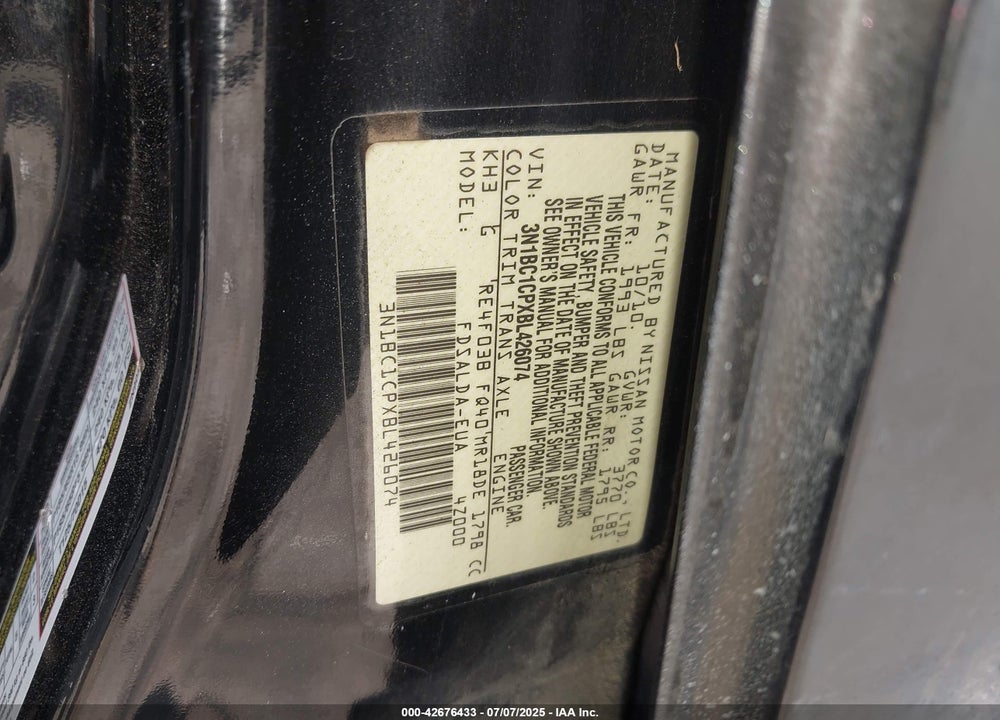 2011 NISSAN VERSA VIN: 3N1BC1CPXBL426074