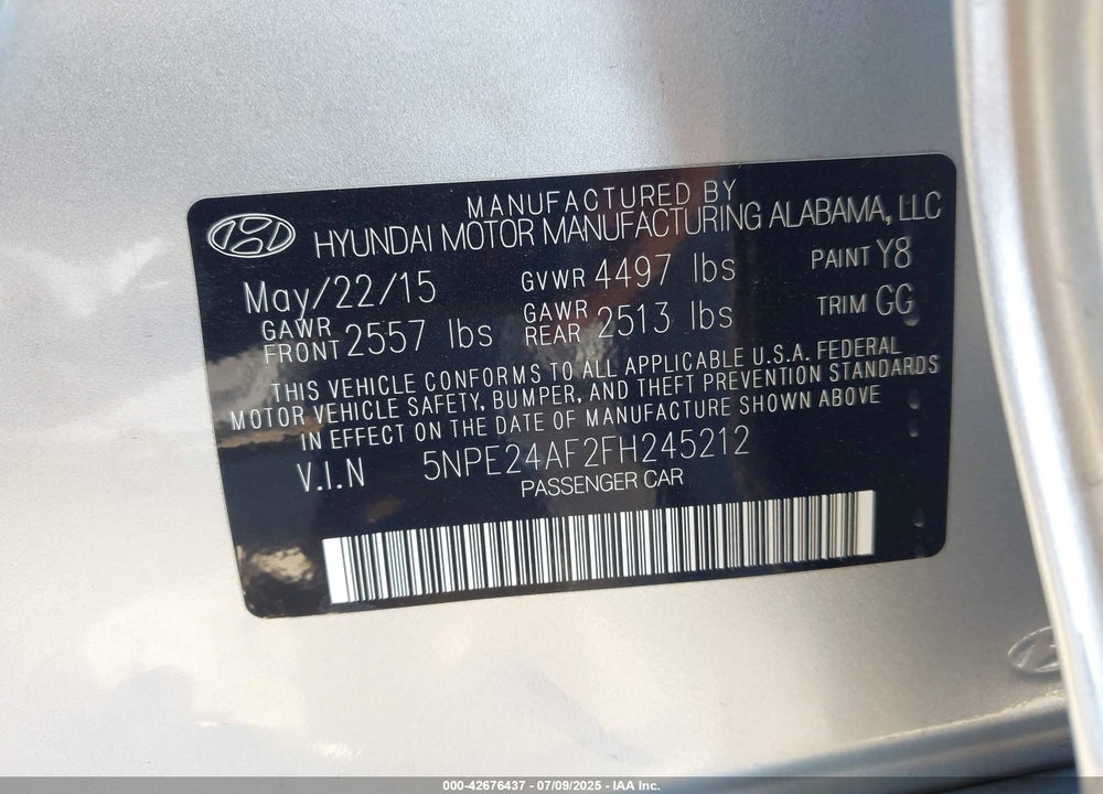 2015 HYUNDAI SONATA VIN: 5NPE24AF2FH245212