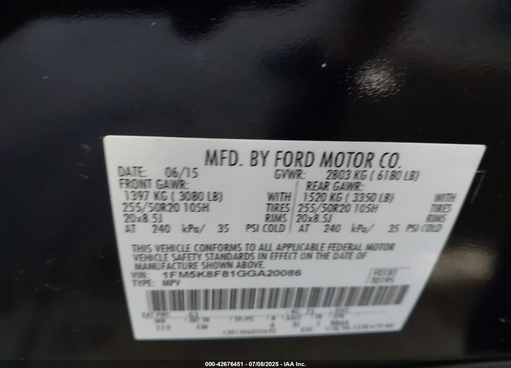 2016 FORD EXPLORER VIN: 1FM5K8F81GGA20086