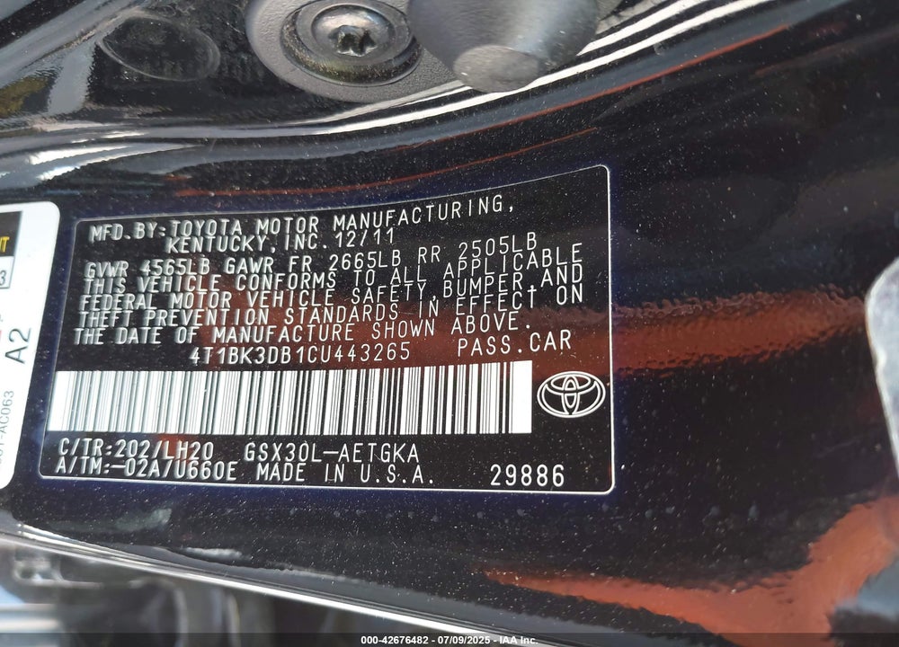 2012 TOYOTA AVALON VIN: 4T1BK3DB1CU443265