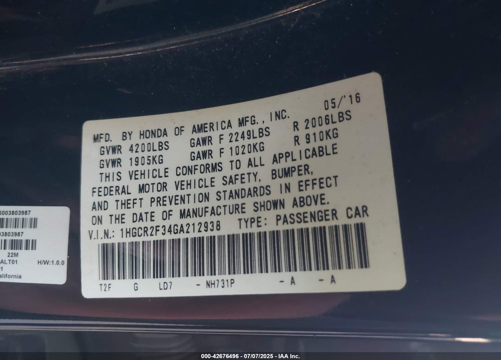 2016 HONDA ACCORD VIN: 1HGCR2F34GA212938