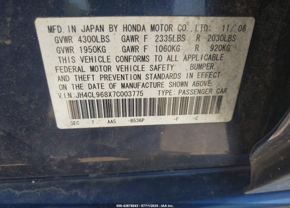 2007 ACURA TSX VIN: JH4CL968X7C003775