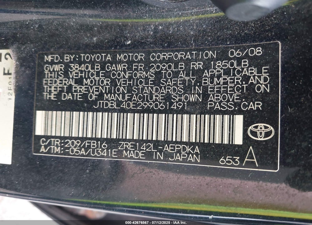 2009 TOYOTA COROLLA VIN: JTDBL40E299061491