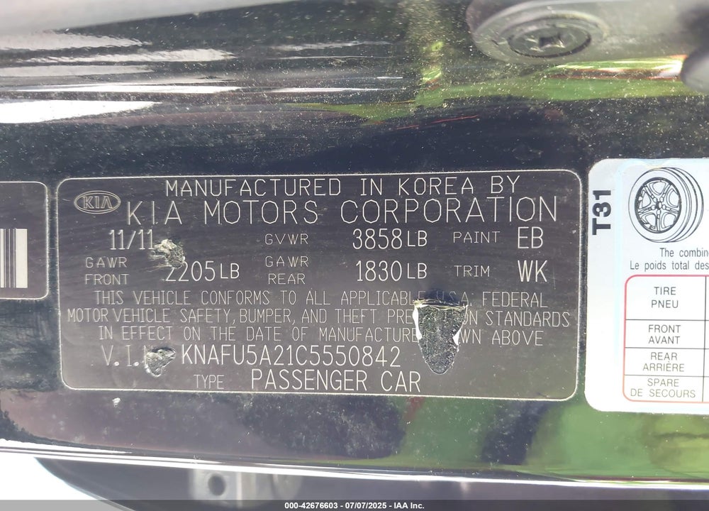 2012 KIA FORTE VIN: KNAFU5A21C5550842