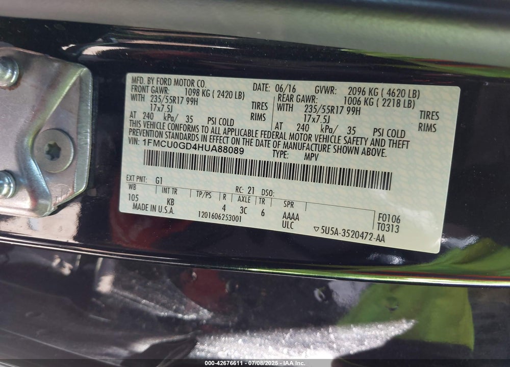 2017 FORD ESCAPE SE VIN: 1FMCU0GD4HUA88089
