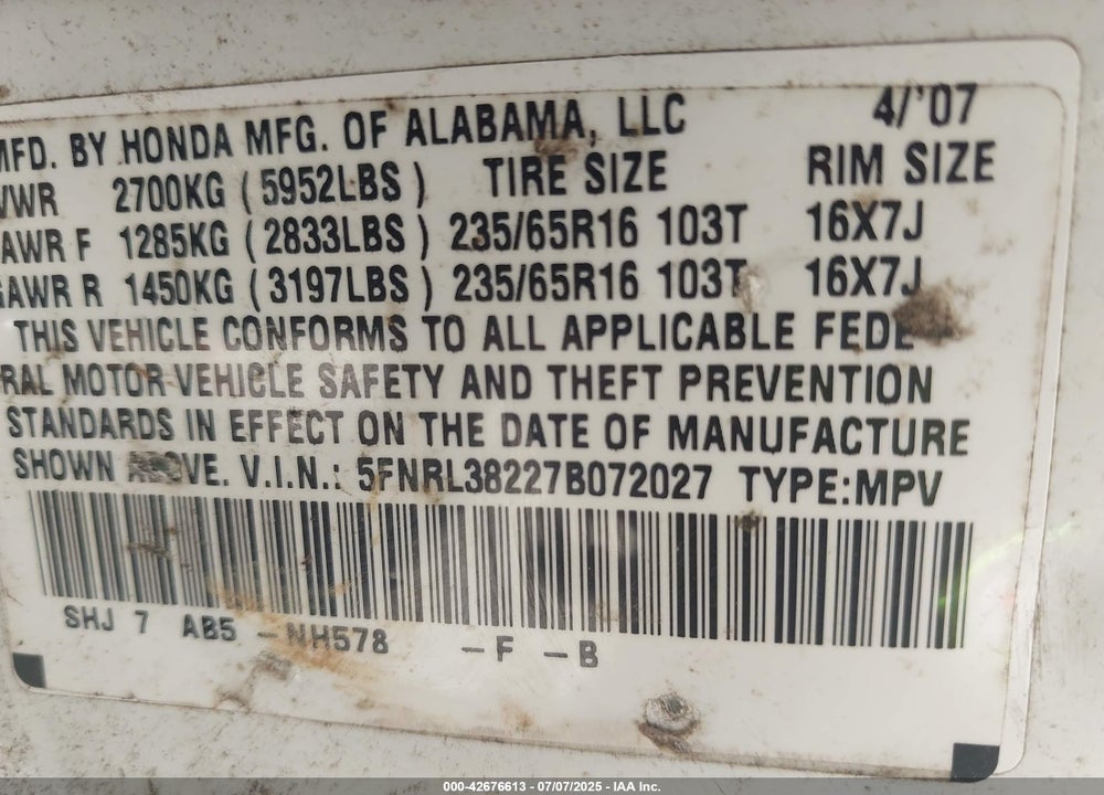 2007 HONDA ODYSSEY LX VIN: 5FNRL38227B072027