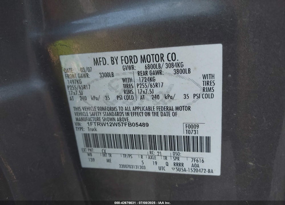 2007 FORD F-150 VIN: 1FTRW12W57FB05489