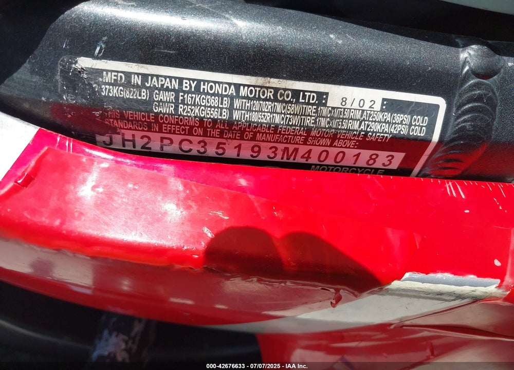 2003 HONDA CBR600 F4 VIN: JH2PC35193M400183