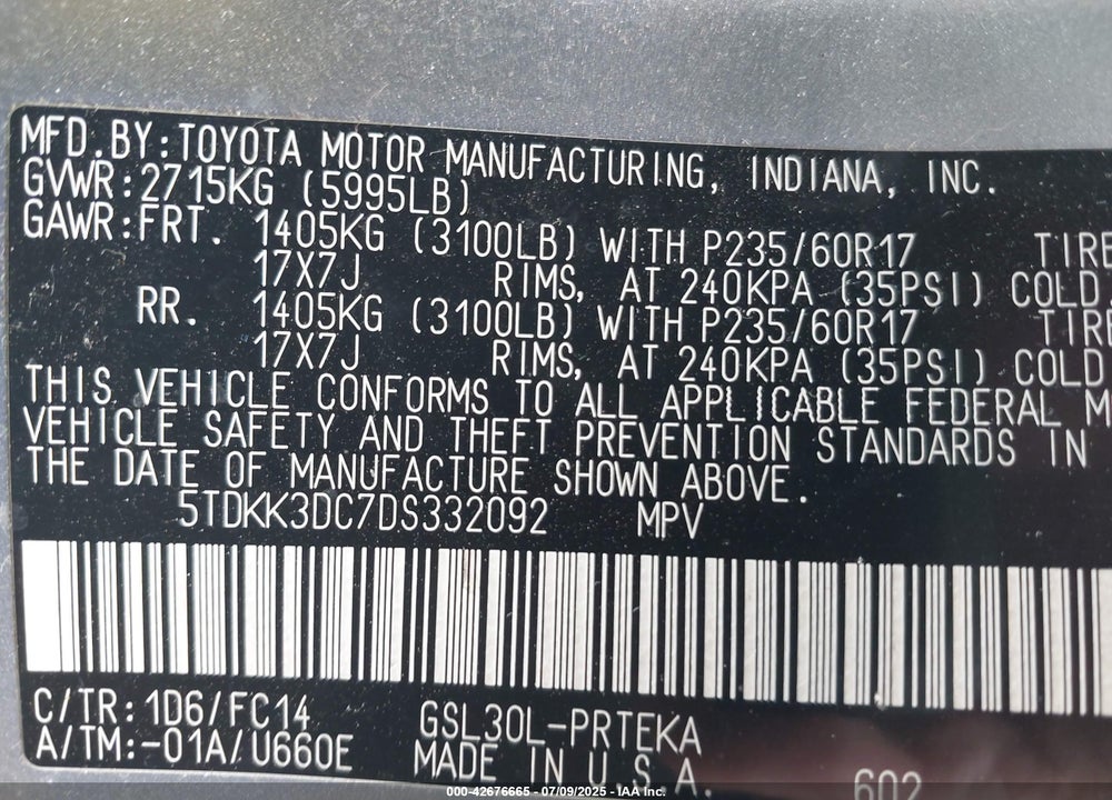 2013 TOYOTA SIENNA VIN: 5TDKK3DC7DS332092