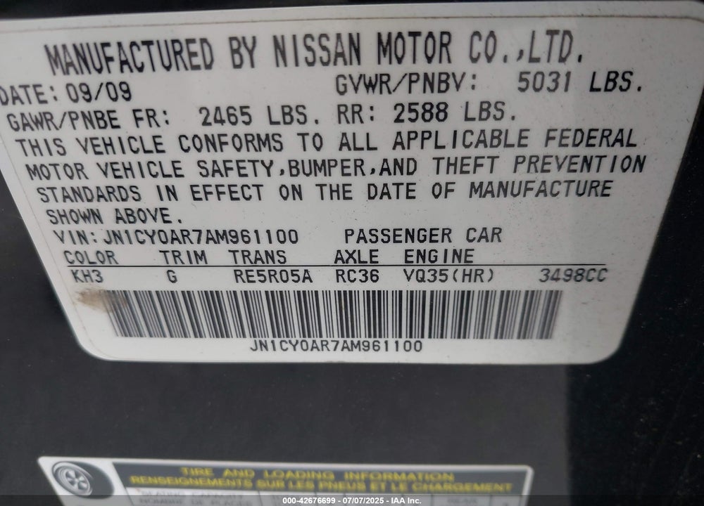 2010 INFINITI M35X VIN: JN1CY0AR7AM961100