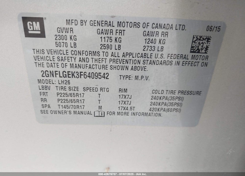 2015 CHEVROLET EQUINOX VIN: 2GNFLGEK3F6409542