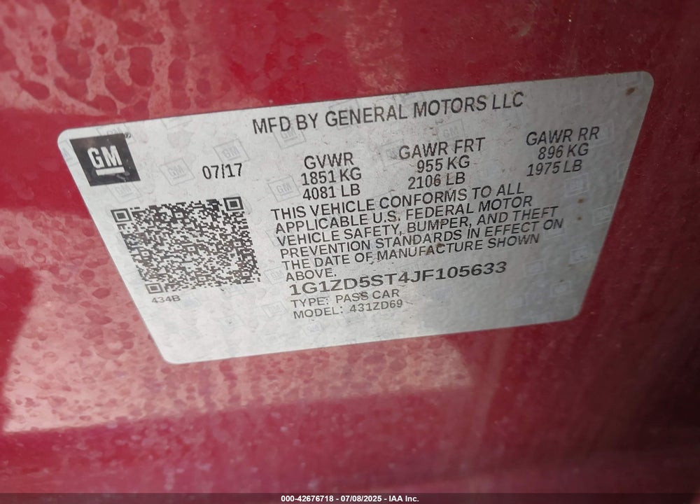 2018 CHEVROLET MALIBU VIN: 1G1ZD5ST4JF105633