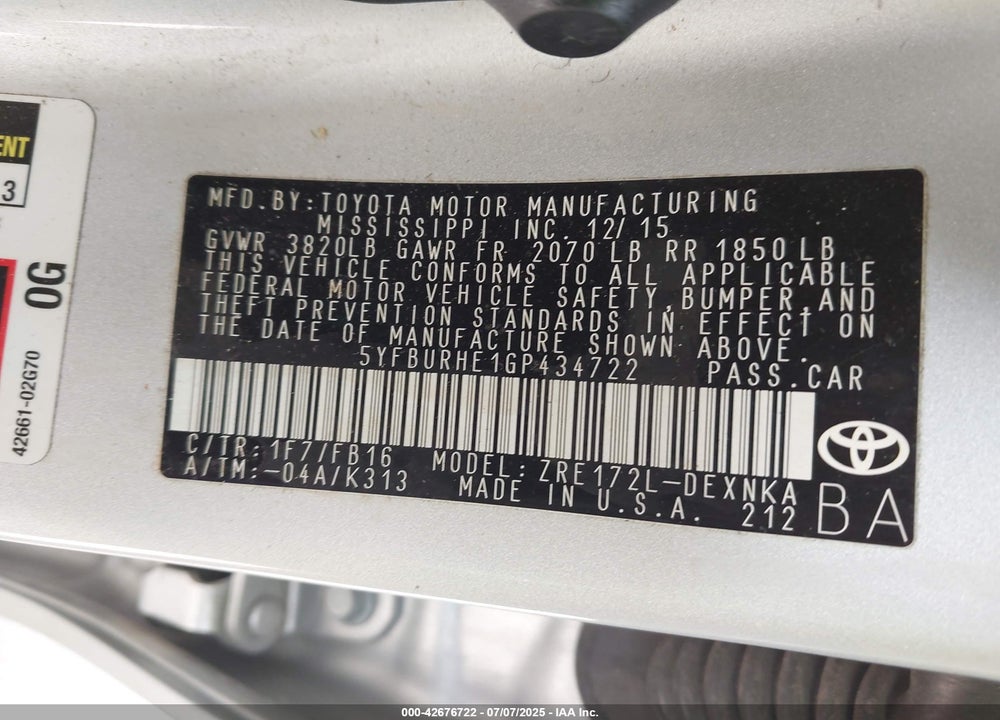 2016 TOYOTA COROLLA VIN: 5YFBURHE1GP434722