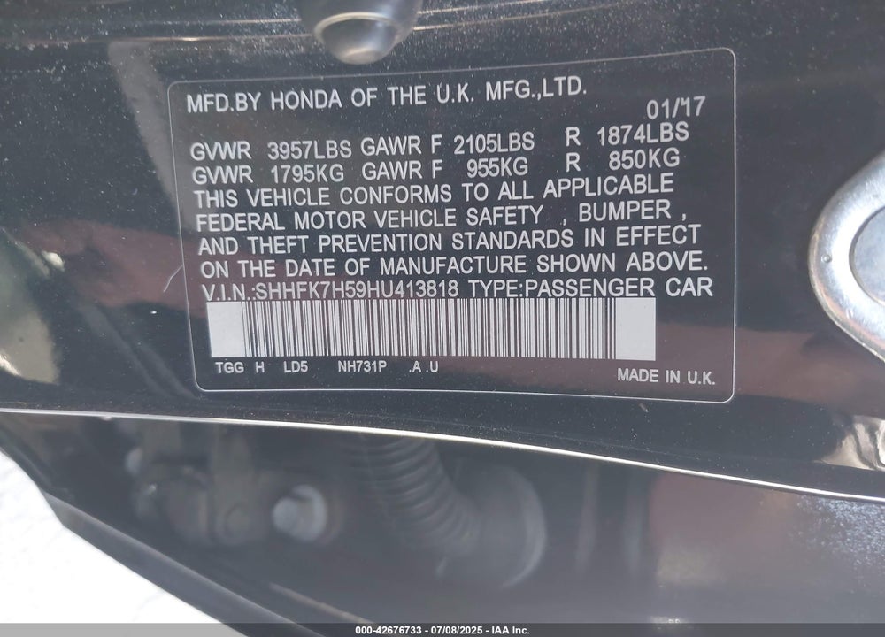 2017 HONDA CIVIC VIN: SHHFK7H59HU413818