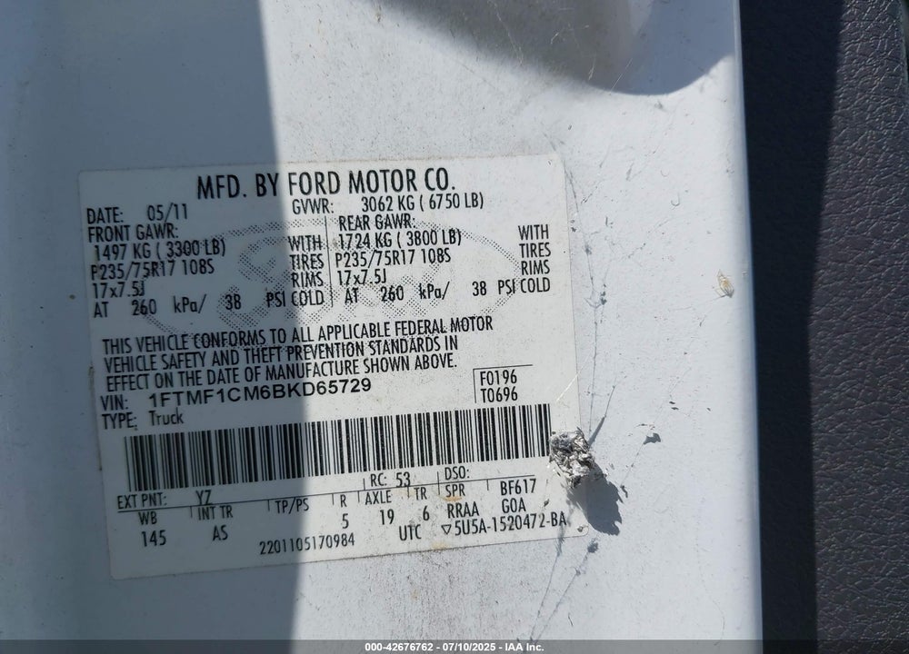 2011 FORD F-150 VIN: 1FTMF1CM6BKD65729