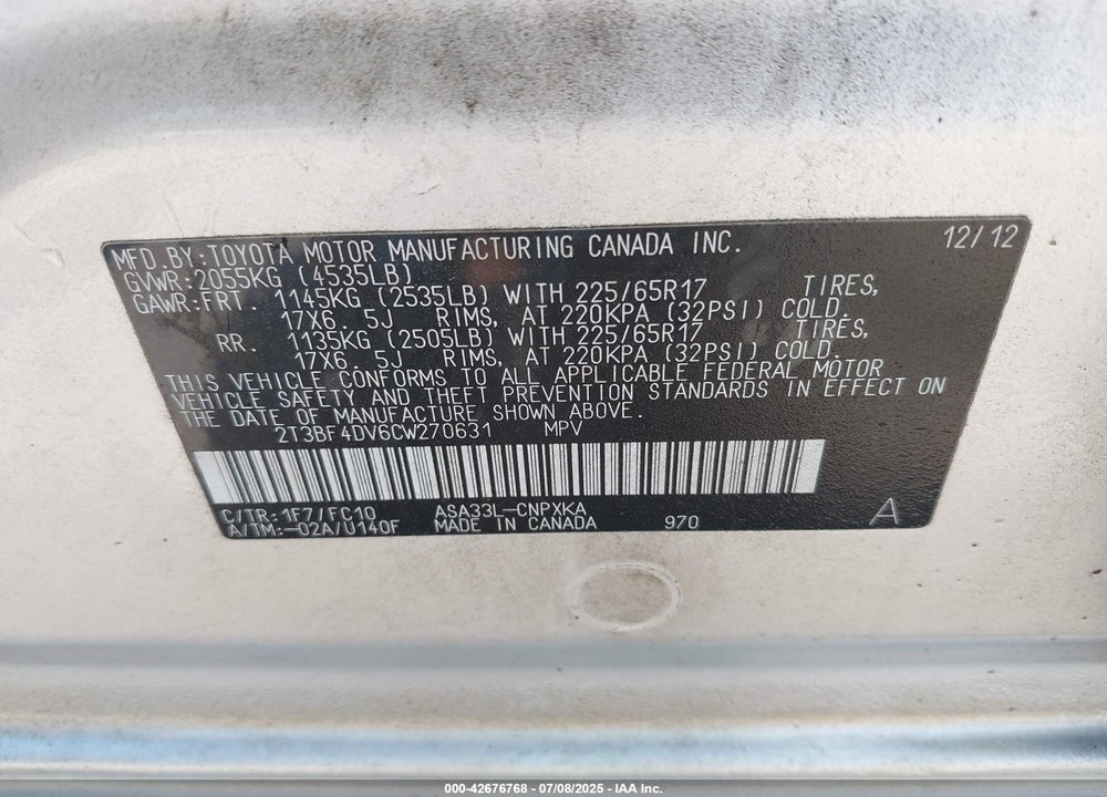 2012 TOYOTA RAV4 VIN: 2T3BF4DV6CW270631