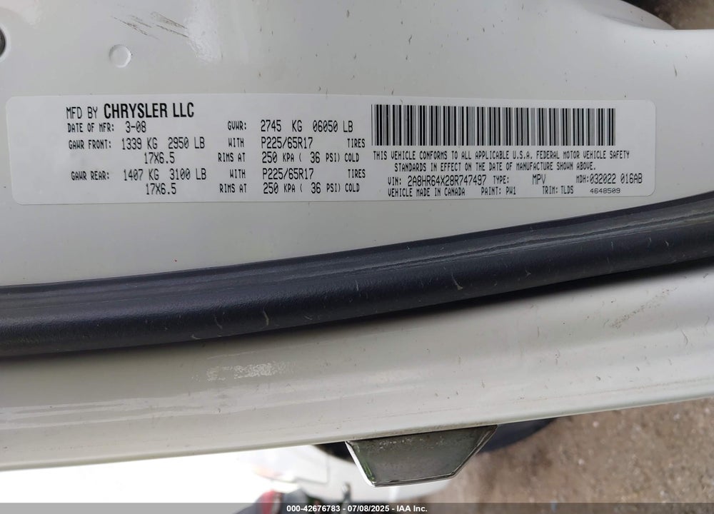 2008 CHRYSLER TOWN & COUNTRY LIMITED VIN: 2A8HR64X28R747497