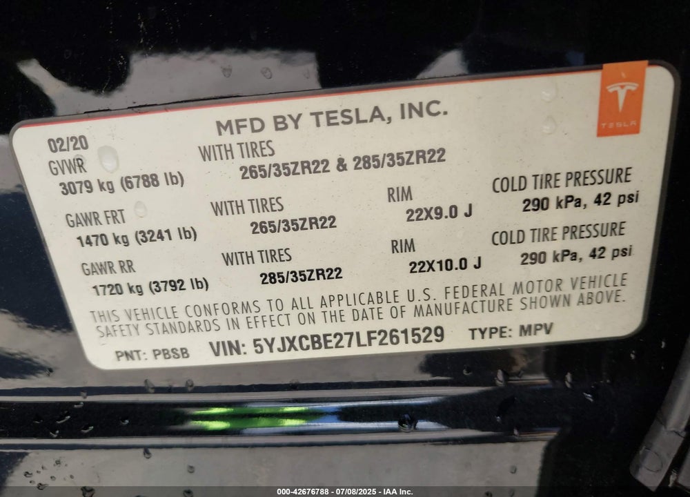 2020 TESLA MODEL X VIN: 5YJXCBE27LF261529