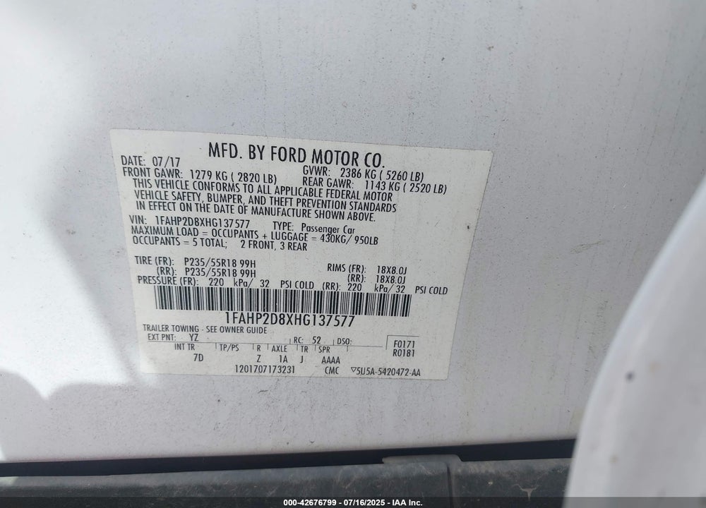 2017 FORD TAURUS VIN: 1FAHP2D8XHG137577