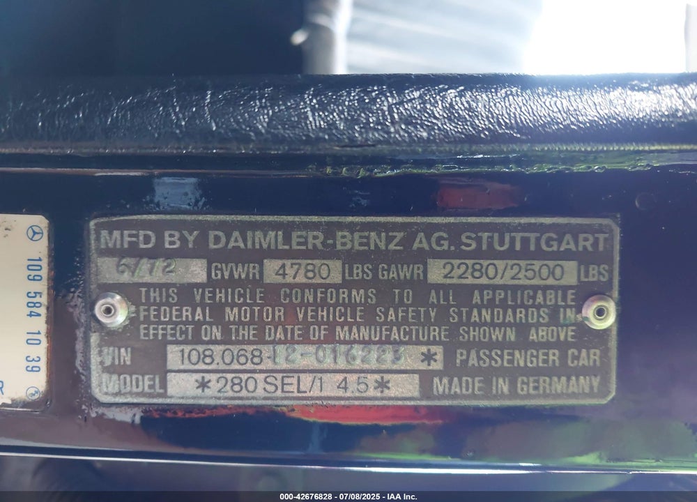 1973 MERCEDES-BENZ 280SEL VIN: 10806812016223