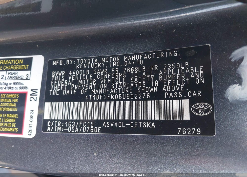 2011 TOYOTA CAMRY VIN: 4T1BF3EK0BU602276