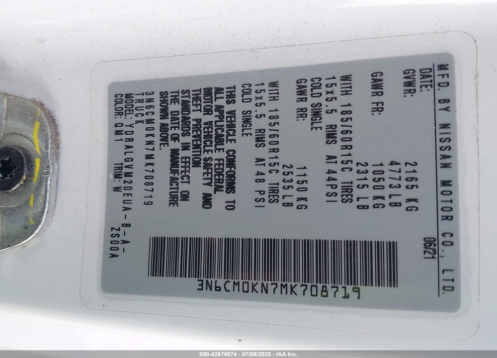 2021 NISSAN NV200 COMPACT CARGO SV XTRONIC CVT VIN: 3N6CM0KN7MK708719