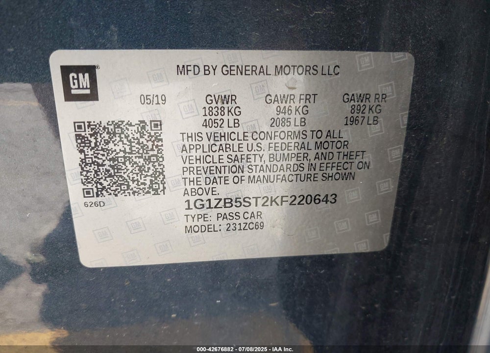2019 CHEVROLET MALIBU VIN: 1G1ZB5ST2KF220643