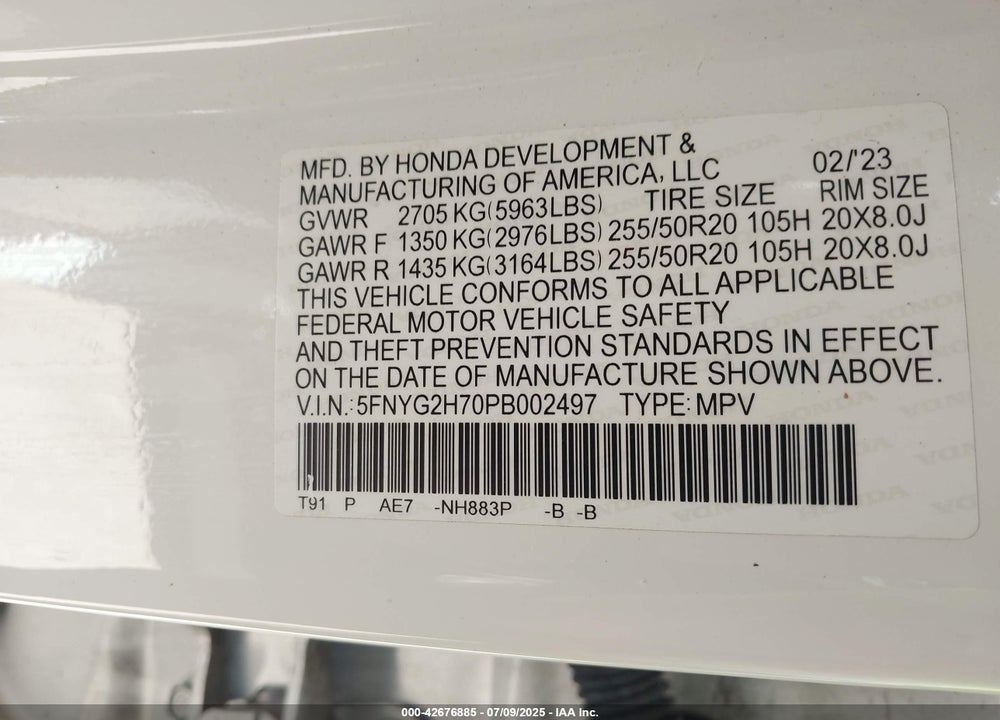 2023 HONDA PILOT 2WD TOURING VIN: 5FNYG2H70PB002497