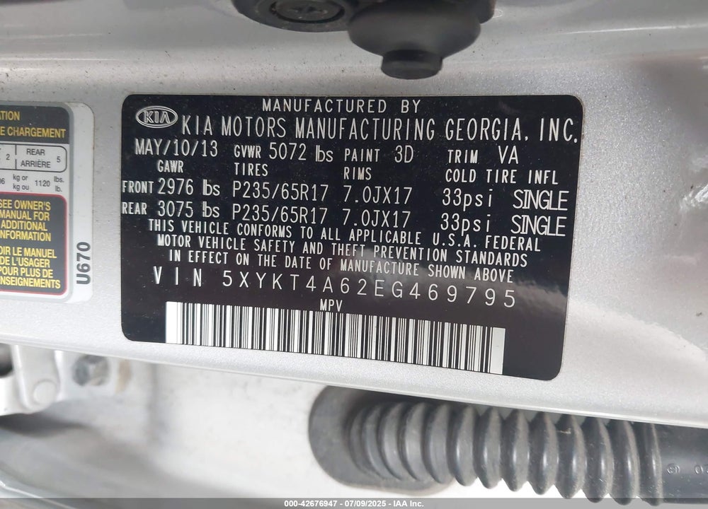 2014 KIA SORENTO VIN: 5XYKT4A62EG469795