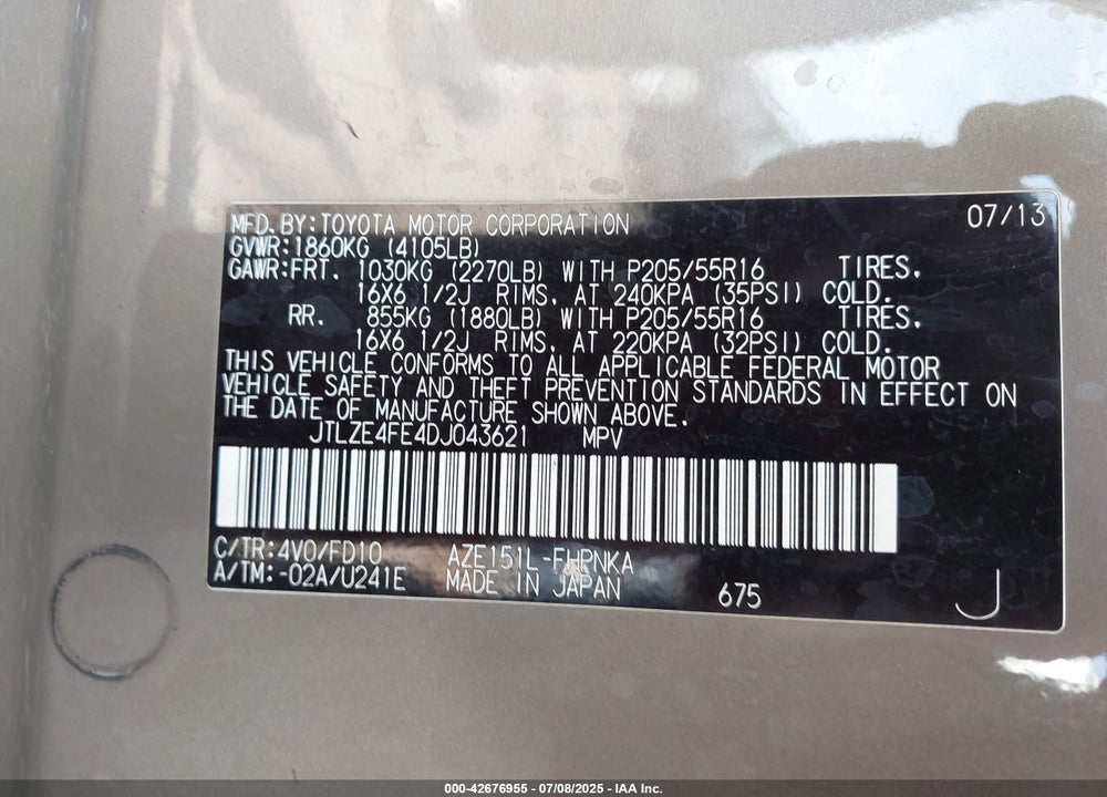 2013 SCION XB VIN: JTLZE4FE4DJ043621