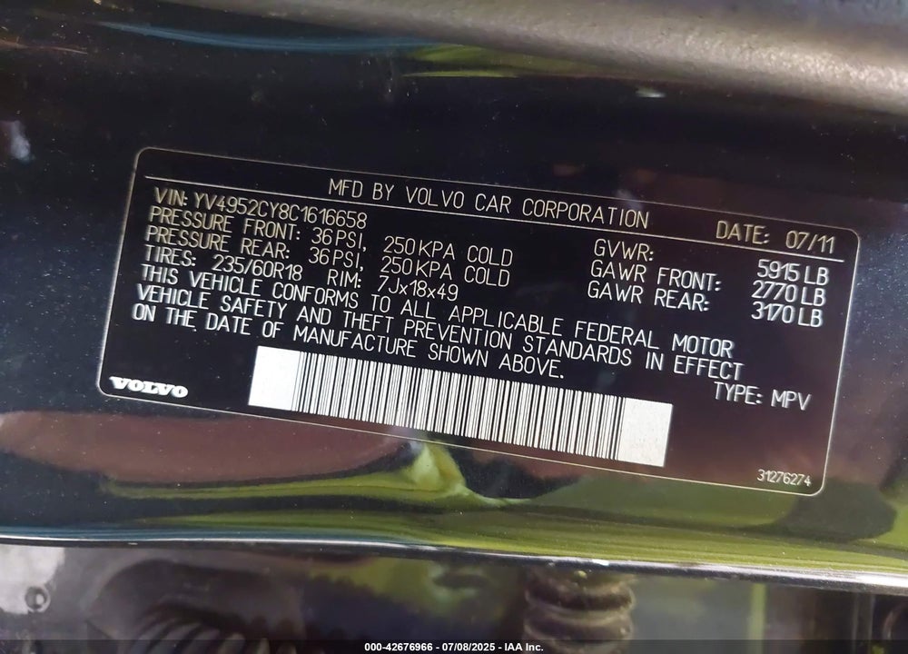 2012 VOLVO XC90 VIN: YV4952CY8C1616658