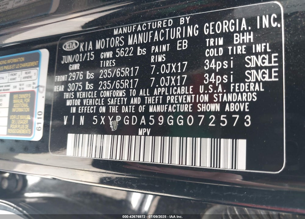 2016 KIA SORENTO 3.3L LX VIN: 5XYPGDA59GG072573