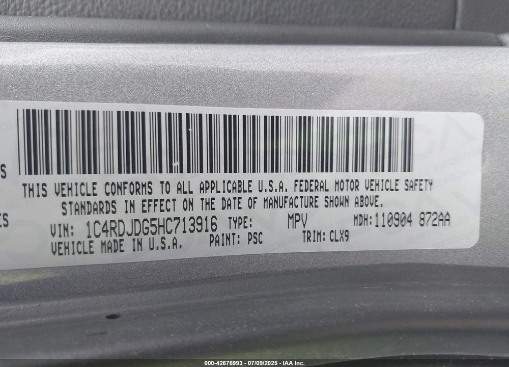 2017 DODGE DURANGO VIN: 1C4RDJDG5HC713916