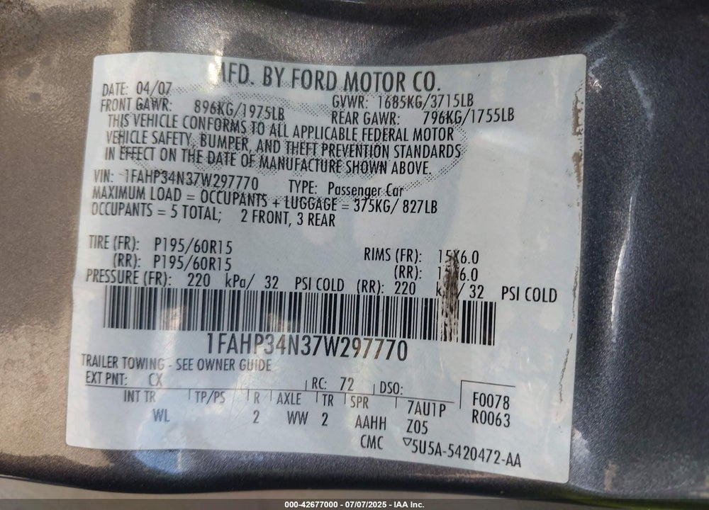 2007 FORD FOCUS VIN: 1FAHP34N37W297770