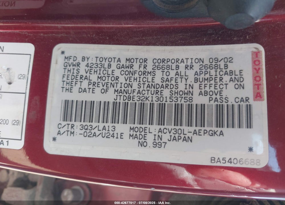 2003 TOYOTA CAMRY XLE VIN: JTDBE32K130153758