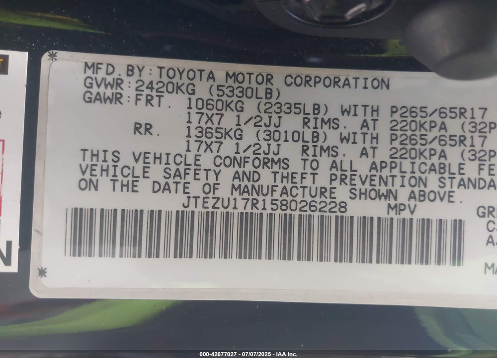 2005 TOYOTA 4RUNNER LIMITED V6 VIN: JTEZU17R158026228