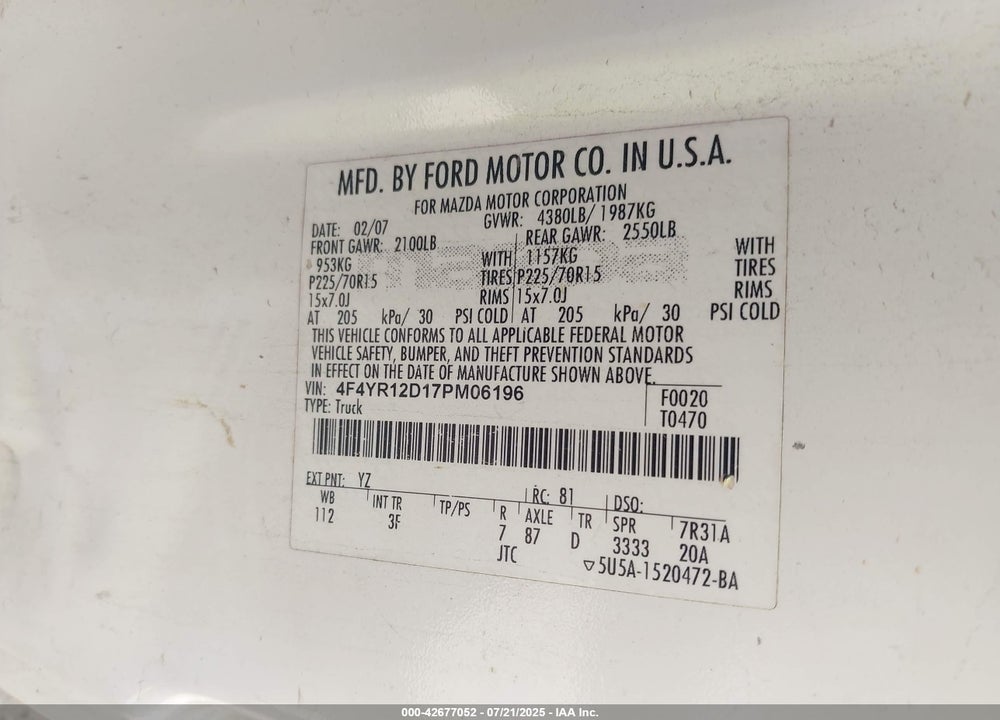 2007 MAZDA B2300 VIN: 4F4YR12D17PM06196