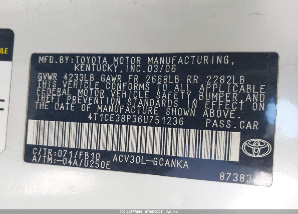 2006 TOYOTA CAMRY VIN: 4T1CE38P36U751236