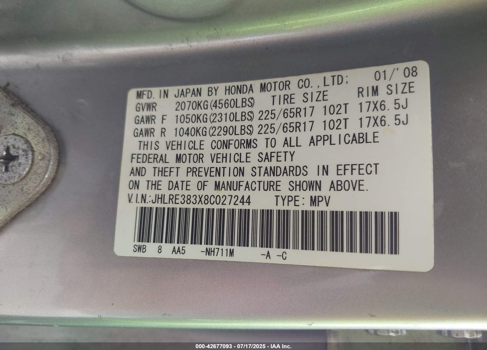 2008 HONDA CR-V LX VIN: JHLRE383X8C027244