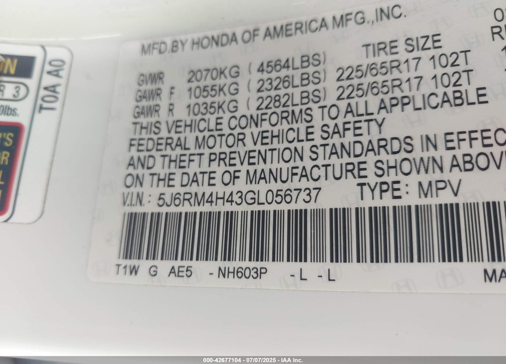 2016 HONDA CR-V SE VIN: 5J6RM4H43GL056737