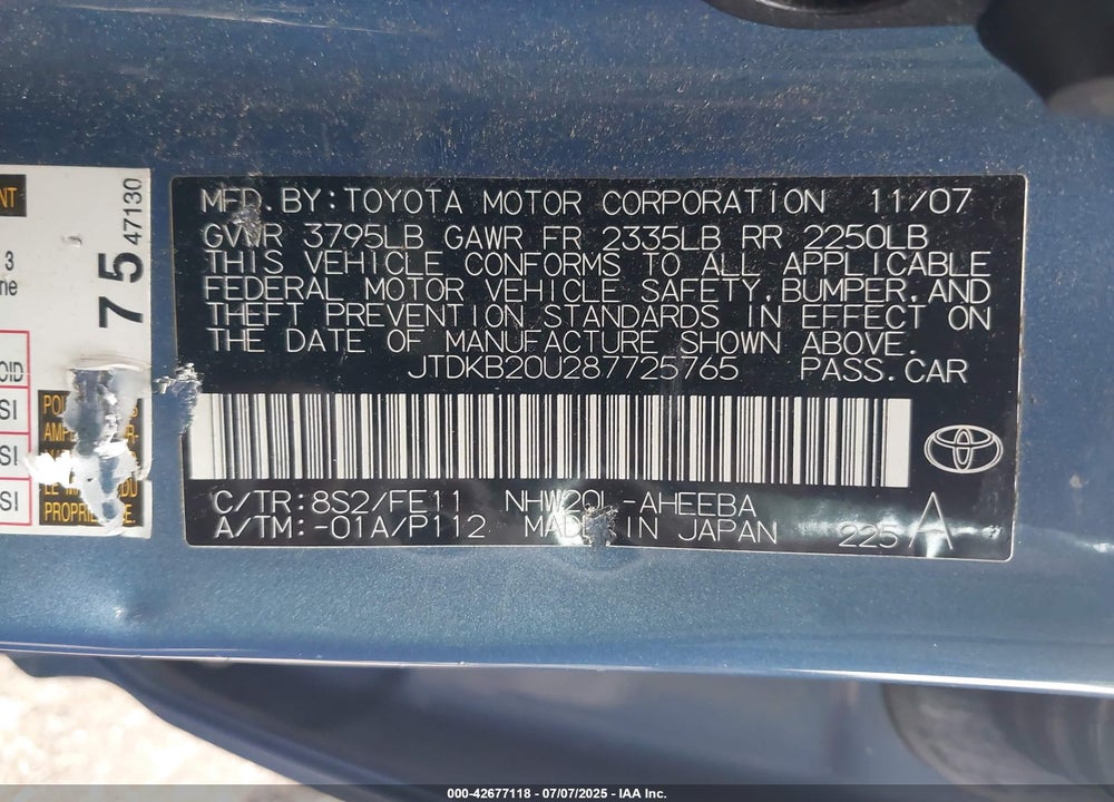 2008 TOYOTA PRIUS VIN: JTDKB20U287725765