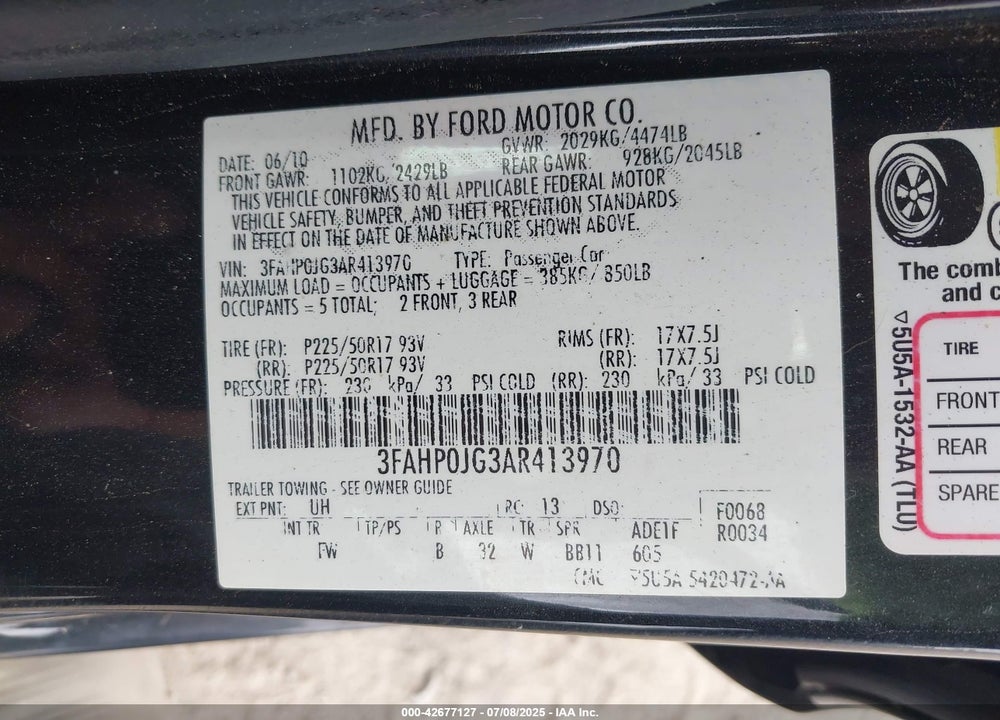 2010 FORD FUSION VIN: 3FAHP0JG3AR413970