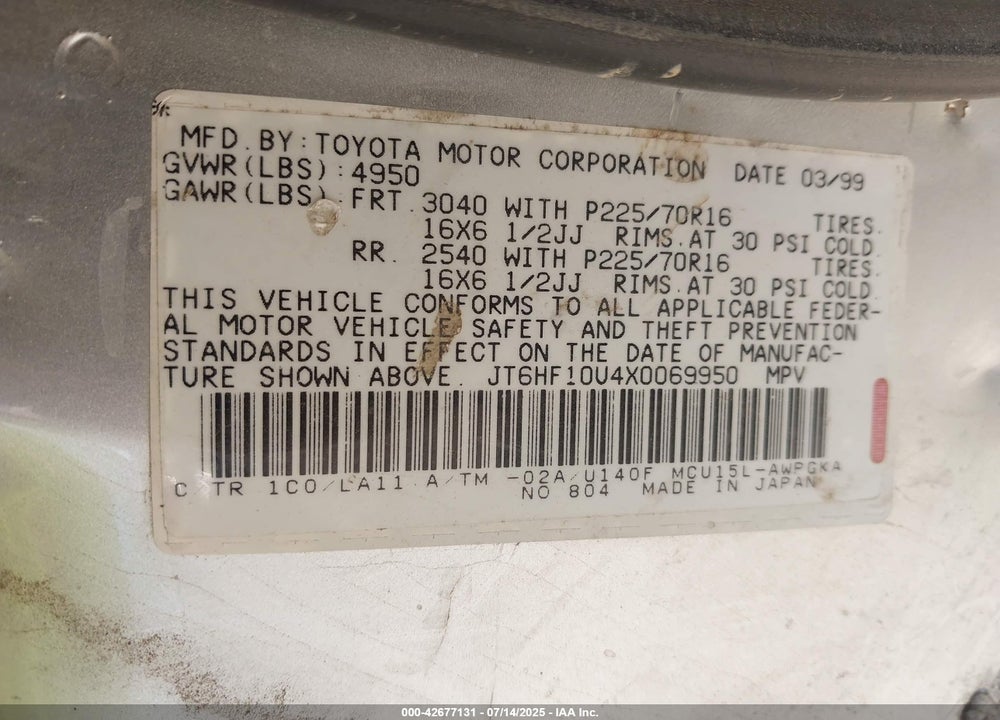 1999 LEXUS RX 300 VIN: JT6HF10U4X0069950